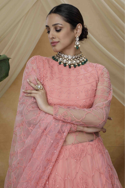 Pink Colour Net Embroidery Lehenga Style Gown
