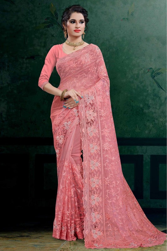 Pink Colour Net Embroidery Saree