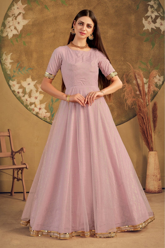 Pink Colour Net Foil Print Gown