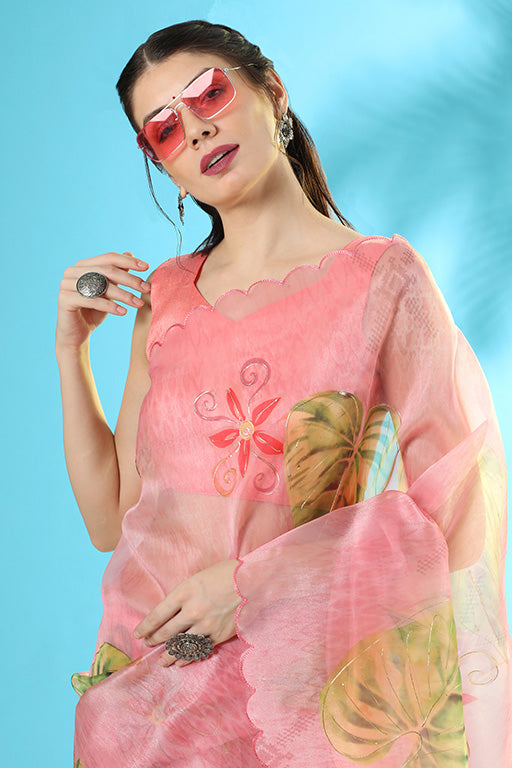 Pink Colour Organza Silk Printed Saree