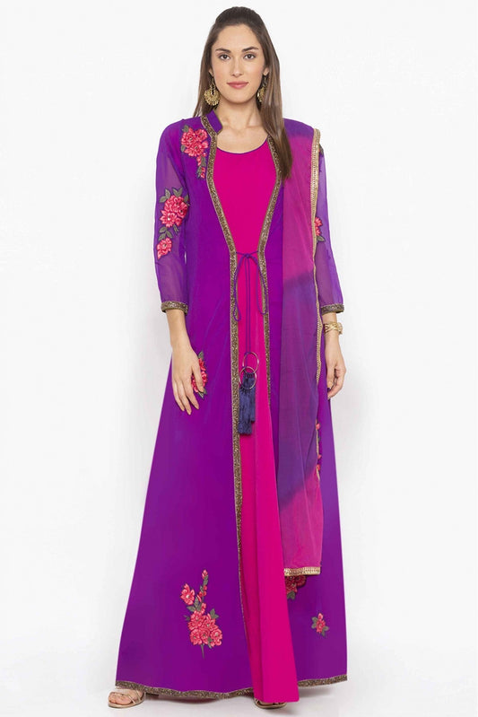Pink Colour Plus Size Georgette Embroidery Jacket Style Suit