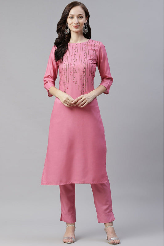 Pink Colour Plus Size Poly Rayon Digital Print Kurti With Pant Set