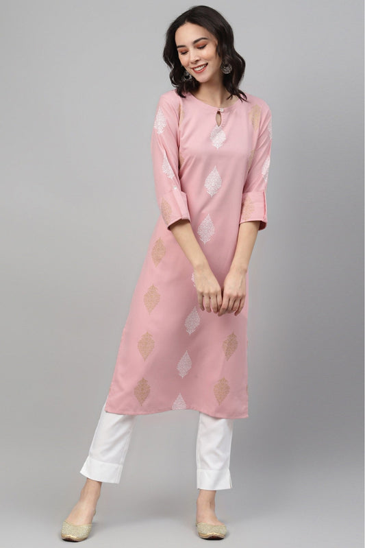 Pink Colour Plus Size Rayon Foil Print Kurti With Pant Set