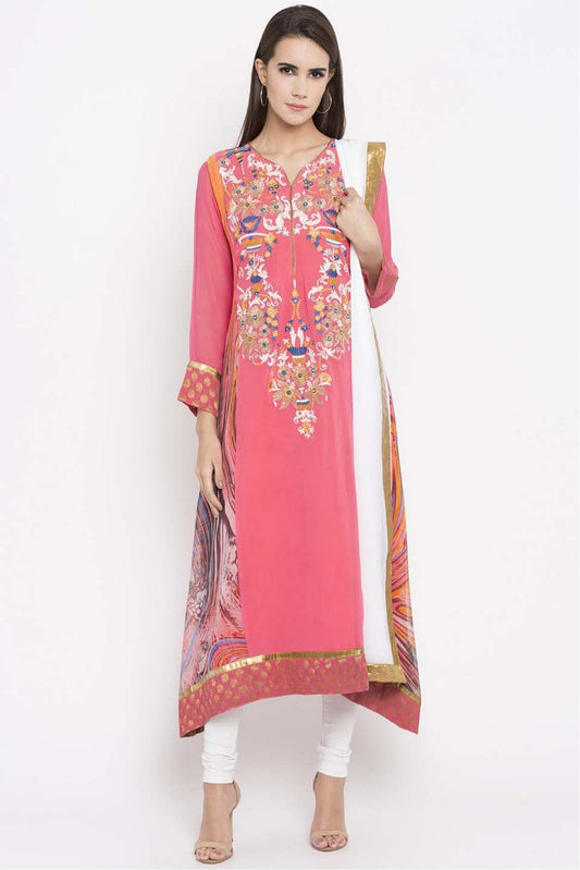 Pink Colour Plus Size Stitched Faux Georgette Embroidery Churidar Suit