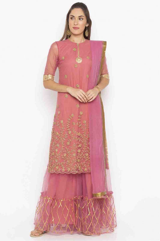 Pink Colour Plus Size Stitched Net Embroidery Sharara Suit