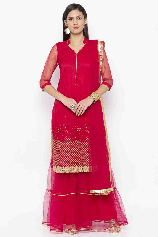 Pink Colour Plus Size Stitched Net Embroidery Sharara Suit