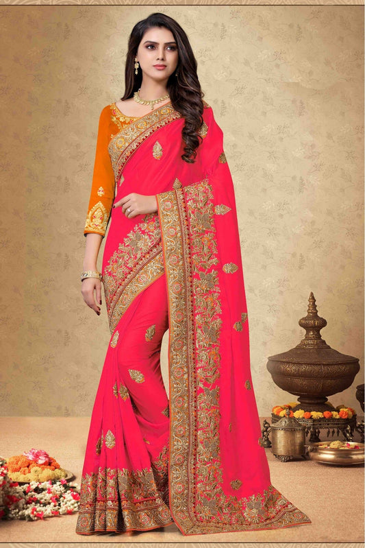 Pink Colour Satin Georgette Embroidery Saree