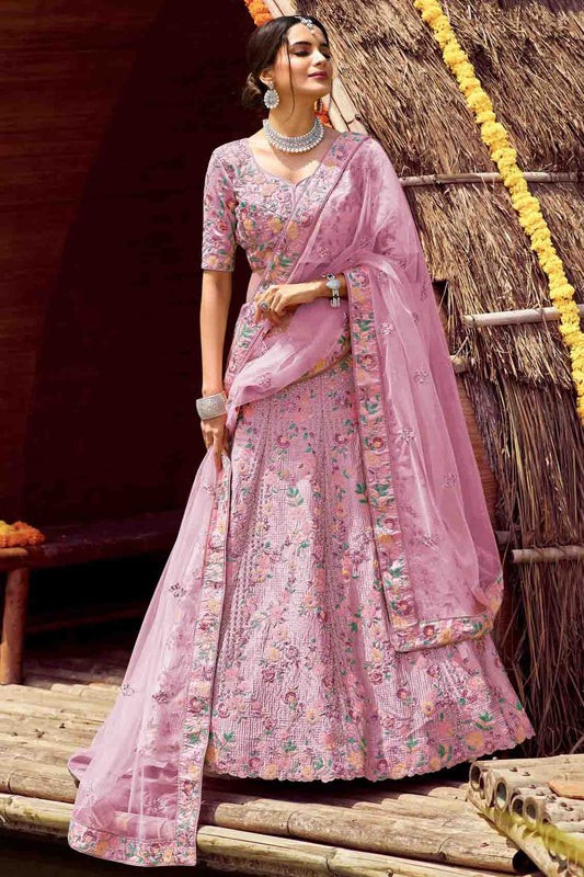 Pink Colour Satin Resham Work Lehenga Choli