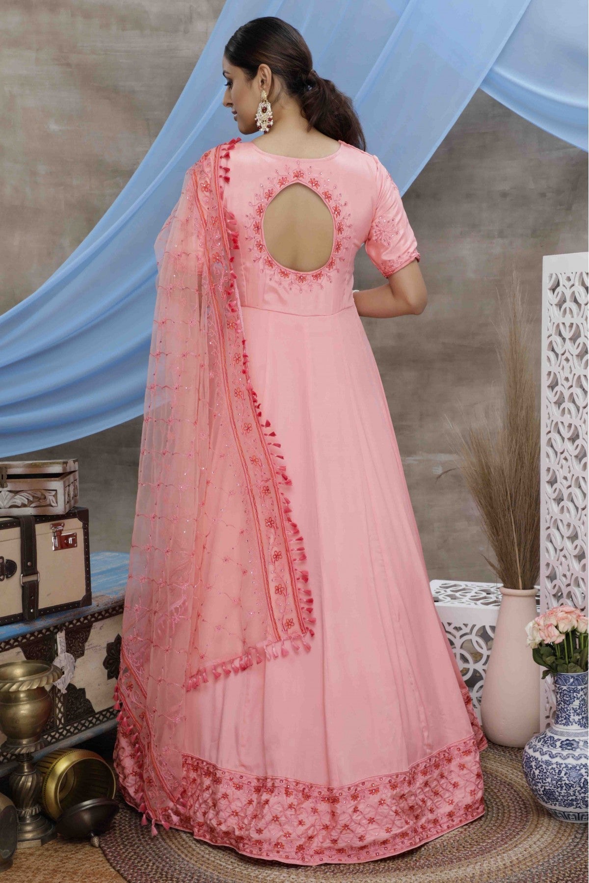 Pink Colour Silk Embroidery Gown