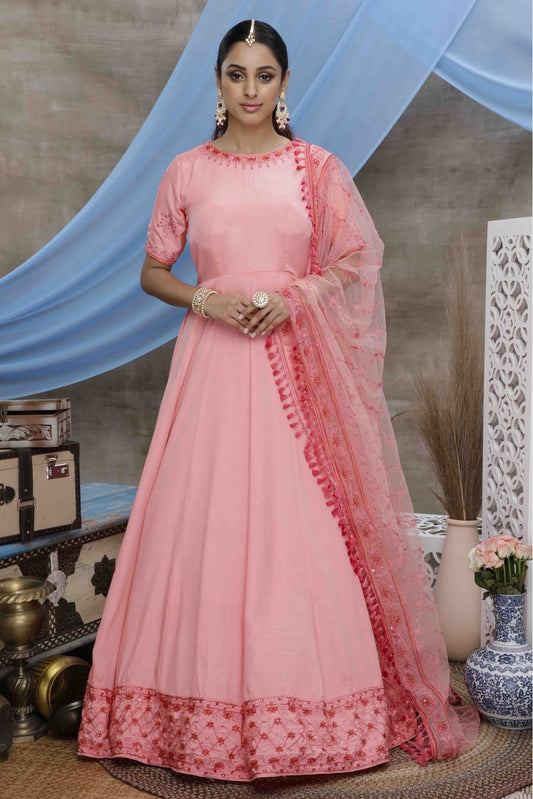 Pink Colour Silk Embroidery Gown