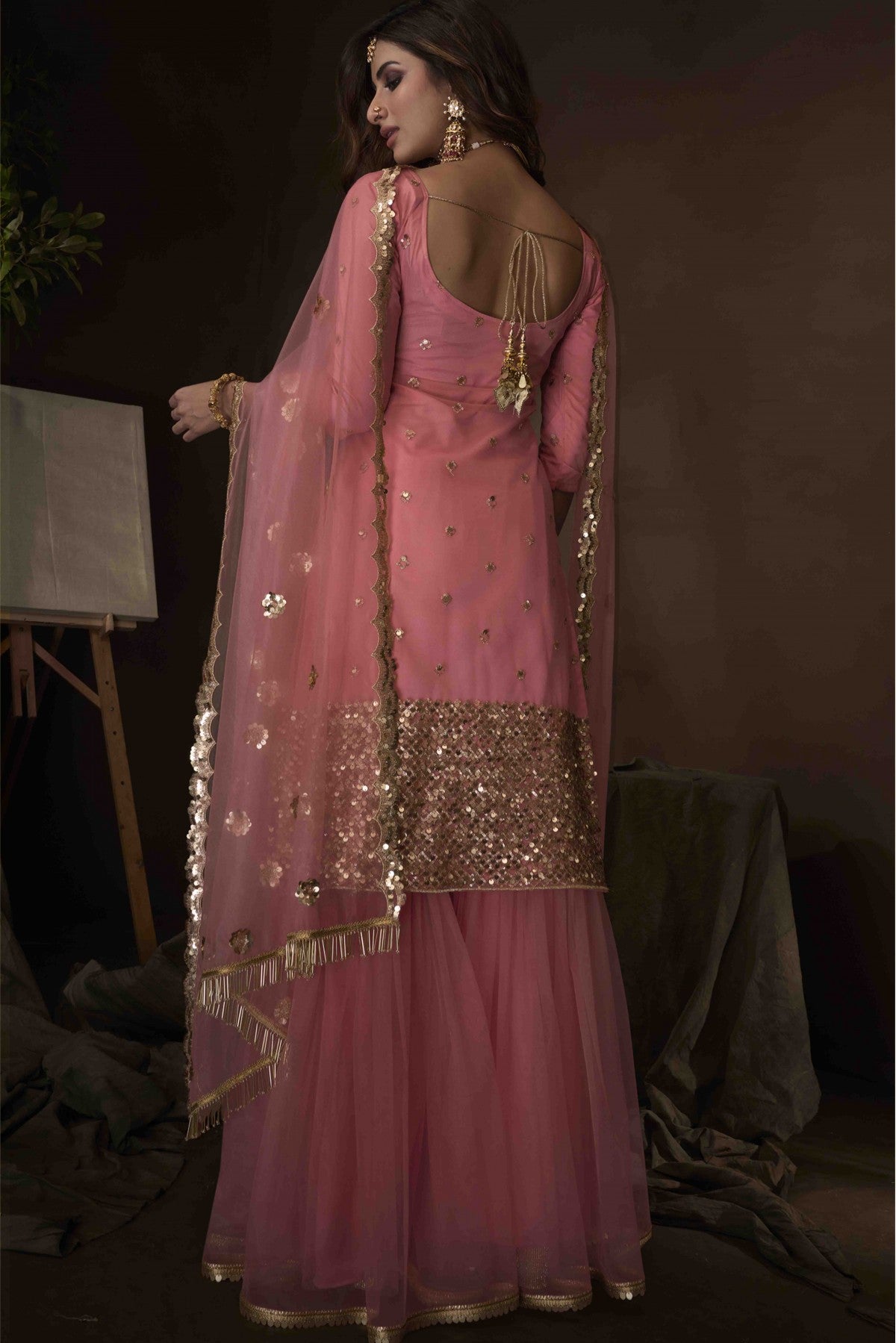 Pink Colour Soft Net Sequins Work Sharara Suit