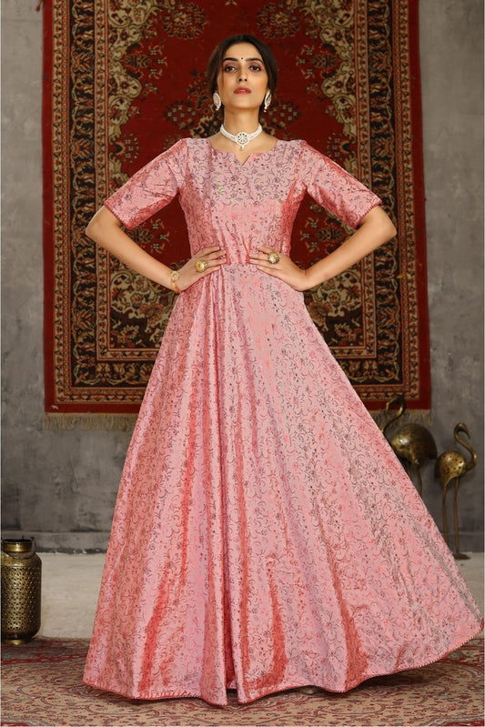 Pink Colour Taffeta Foil Print Gown