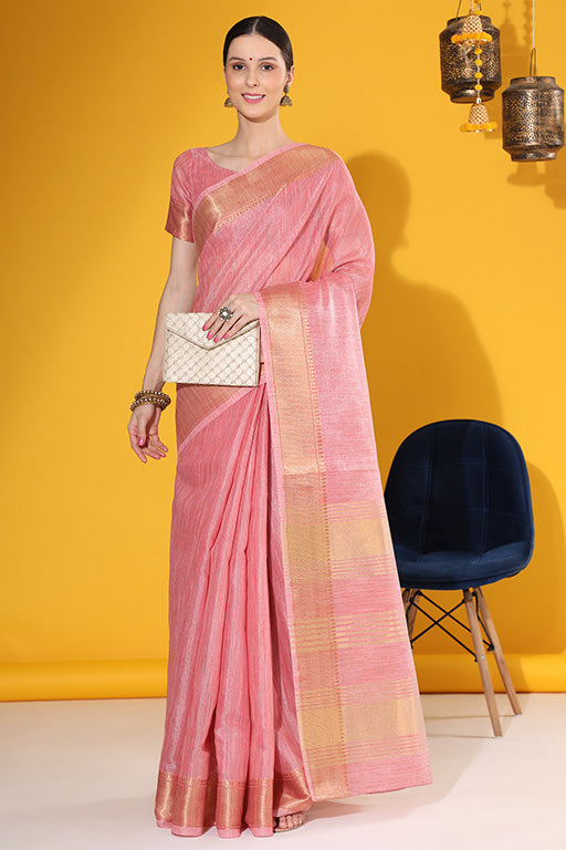 Pink Colour Tissue Linen Traditional Saree