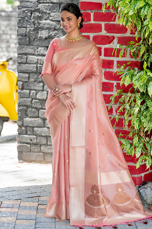 Pink Colour Tissue Linen Traditional Saree
