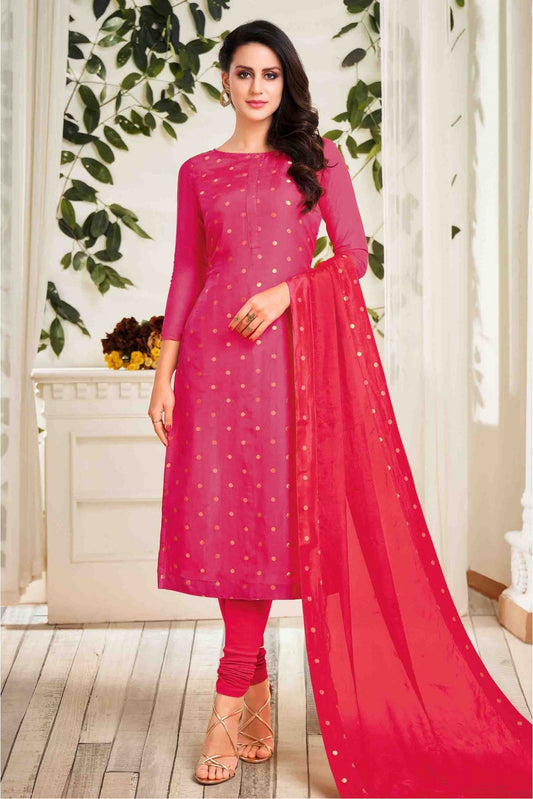Pink Colour Unstitched Banarasi Jacquard Woven Churidar Suit