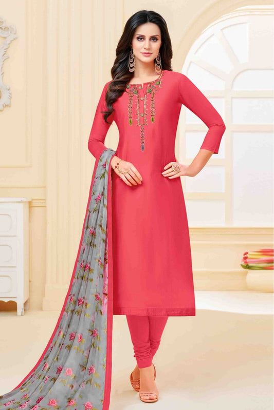 Pink Colour Unstitched Chanderi Cotton Embroidery Churidar Suit