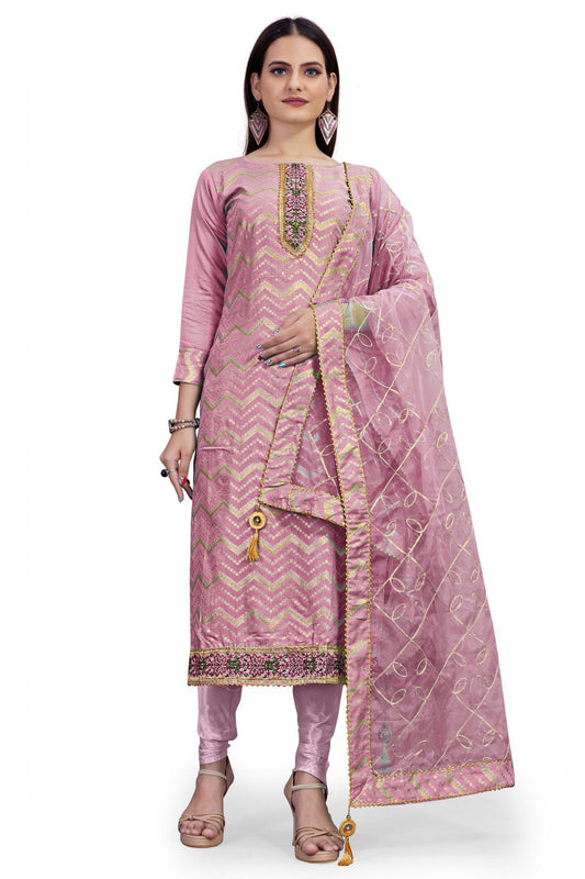 Pink Colour Unstitched Chanderi Woven Churidar Suit