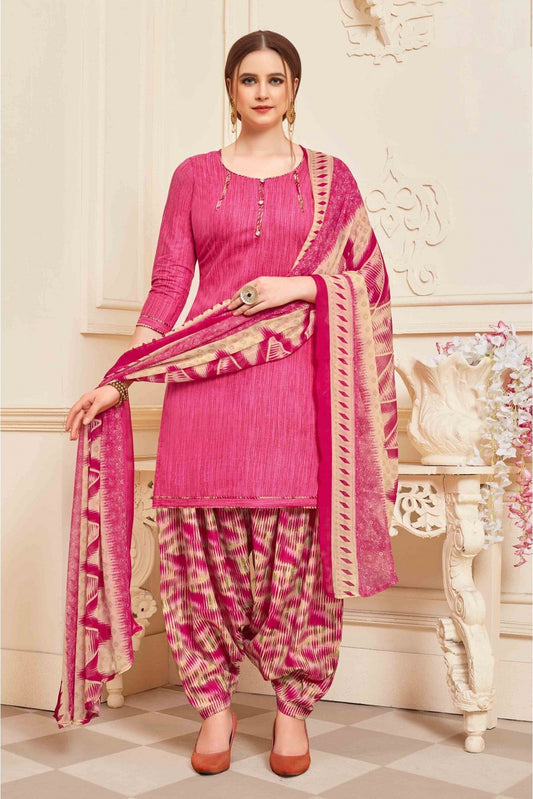 Pink Colour Unstitched Cotton Printed Patiala Suit