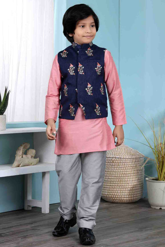 Pink and Blue Colour Cotton Silk Kurta Pajama With Jacket
