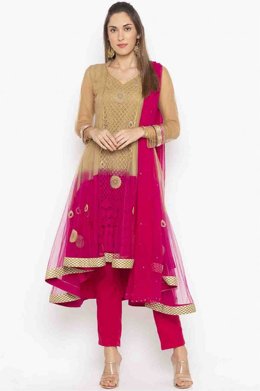 Pink and Brown Colour Plus Size Stitched Net Embroidery Pant Style Suit