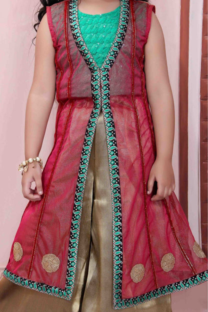 Pink and Green Colour Net Party Wear Palazzo Pant Suit