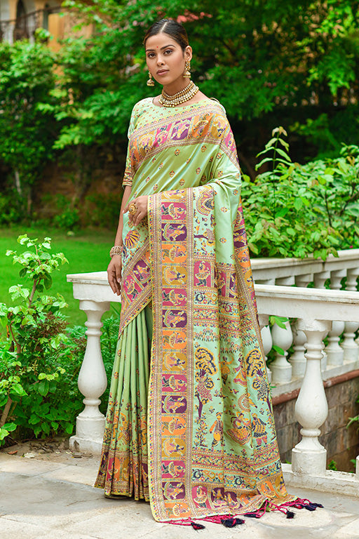 Pista Green Colour Banarasi Silk Traditional Saree