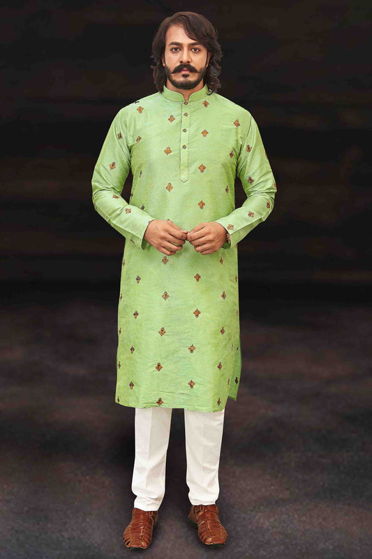 Pista Green Colour Kurta Pajama In Art Silk