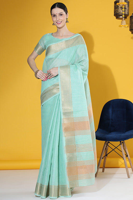 Pista Green Colour Tissue Linen Traditional Saree