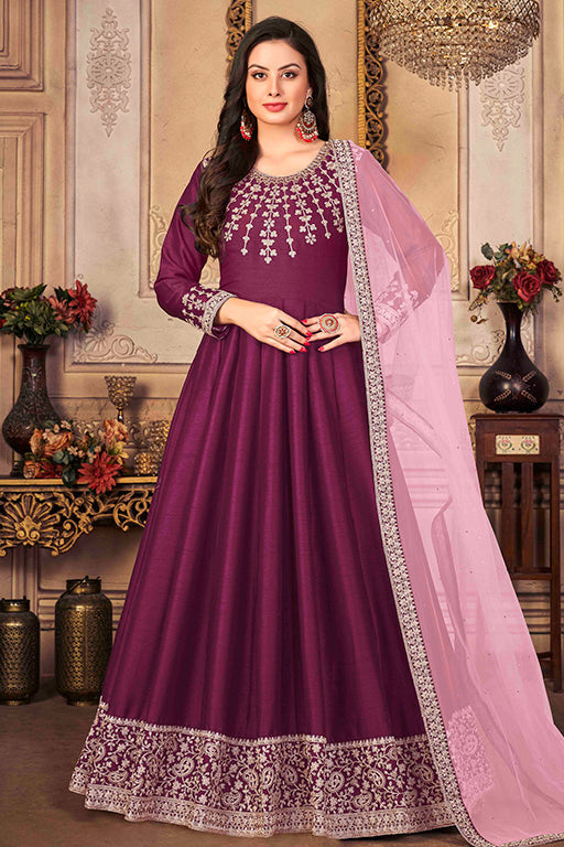 Purple Colour Art Silk Semi Stitched Anarkali Suit