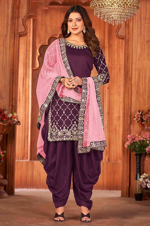 Purple Colour Art Silk Semi Stitched Patiala Suit