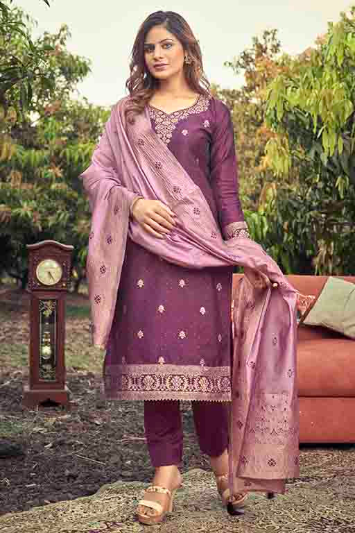 Purple Colour Banarasi Jacquard Unstitched Pant Style Suit