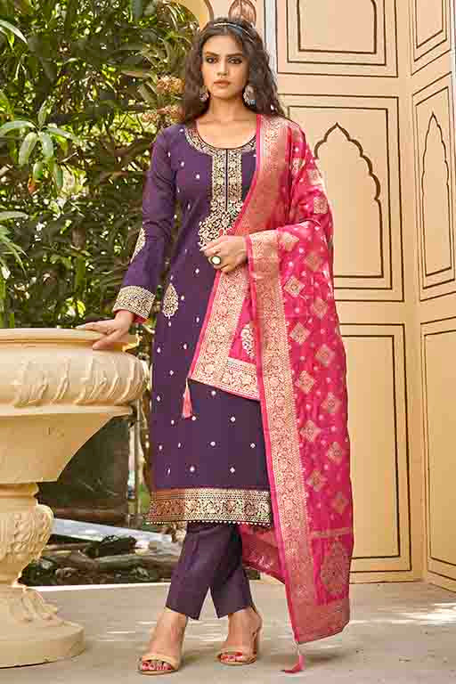 Purple Colour Banarasi Jacquard Unstitched Pant Style Suit