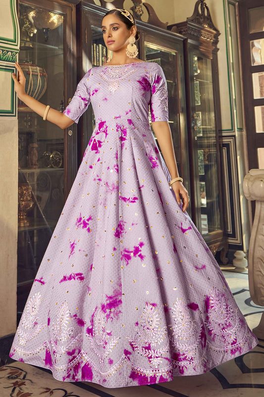 Purple Colour Cotton Embroidery Gown