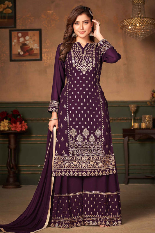 Purple Colour Faux Georgette Embroidery Sharara Suit