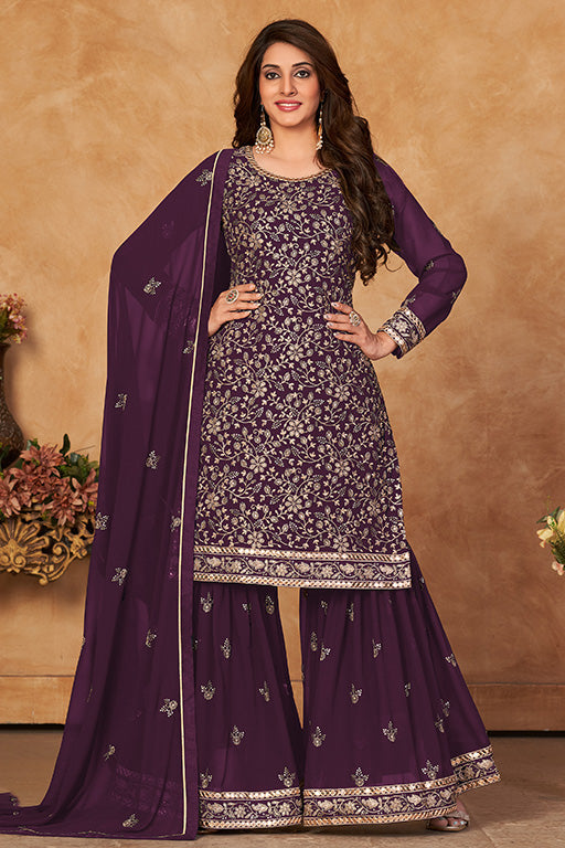 Purple Colour Faux Georgette Sharara Suit