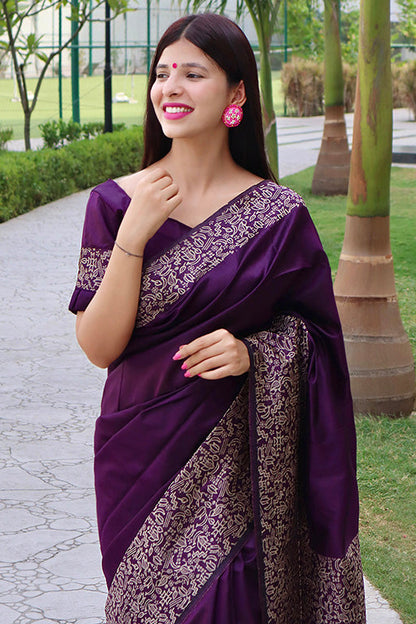 Purple Colour Handloom Raw Silk Traditional Saree