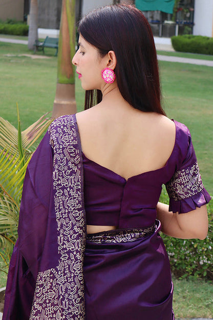 Purple Colour Handloom Raw Silk Traditional Saree
