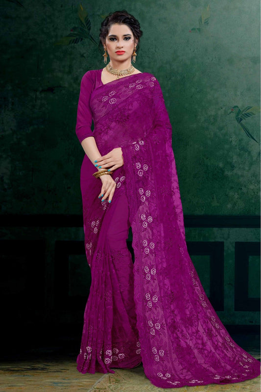 Purple Colour Net Embroidery Saree