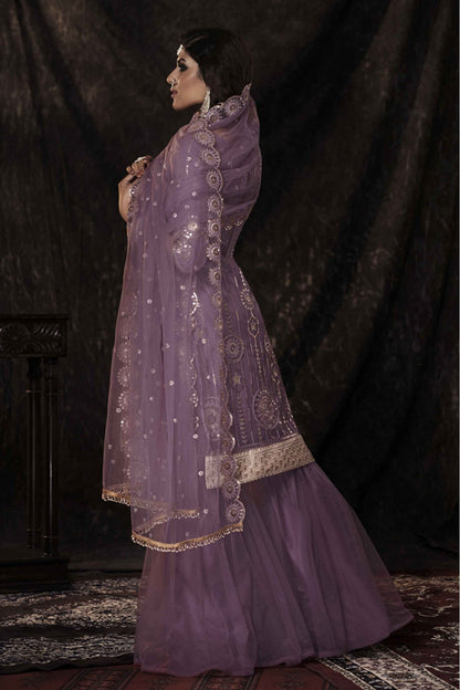 Purple Colour Soft Net Sequins Work Sharara Suit
