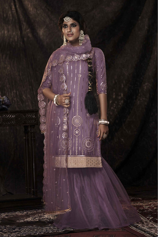 Purple Colour Soft Net Sequins Work Sharara Suit