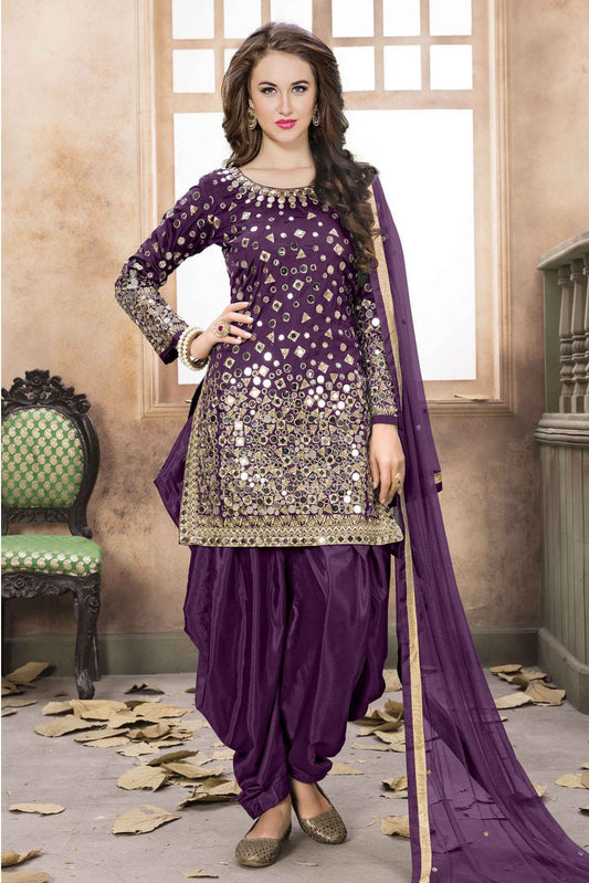 Purple Colour Taffeta Silk Embroidery Patiala Suit