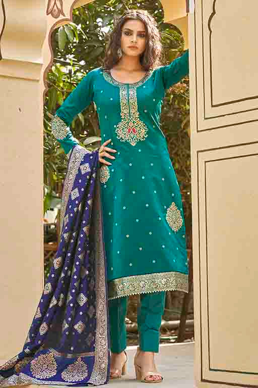 Rama Green Colour Banarasi Jacquard Unstitched Pant Style Suit