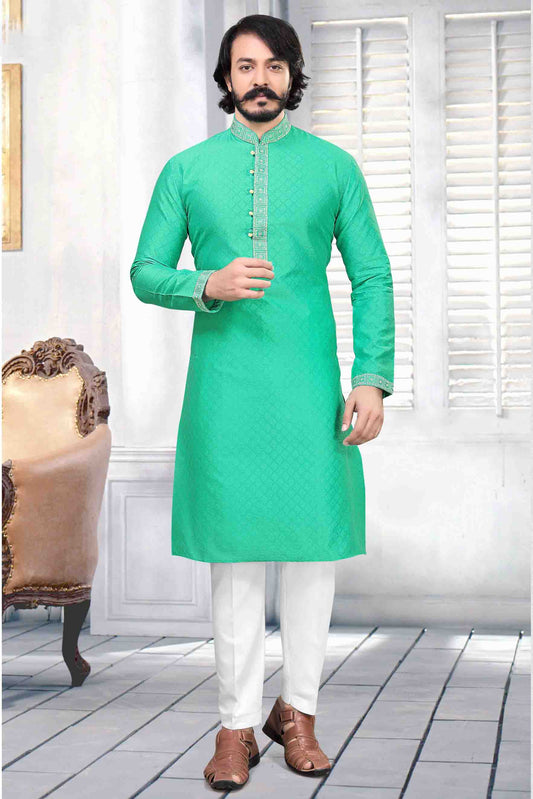 Rama Green Colour Kurta Pajama In Jacquard Silk