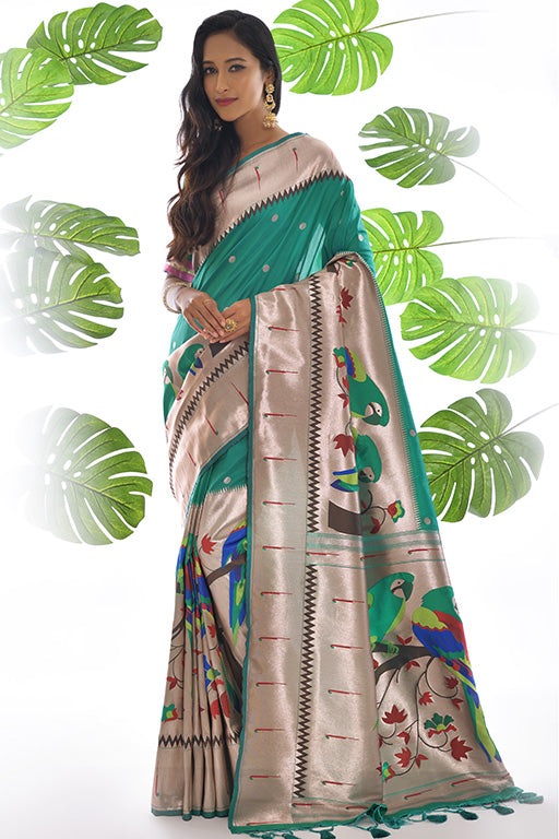 Rama Green Colour Paithani Silk Paithani Saree