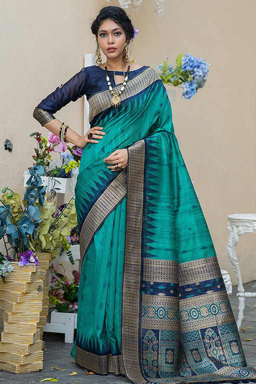 Rama Green Colour Tussar Silk Traditional Saree