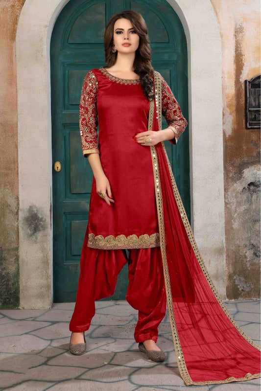 Red Colour Art Silk Patiala Suit