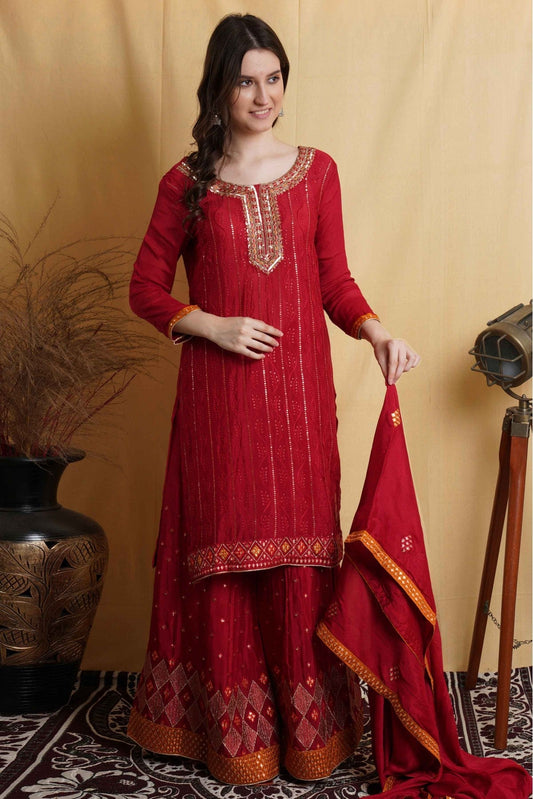 Red Colour Chinon Chiffon Thread Work Sharara Suit