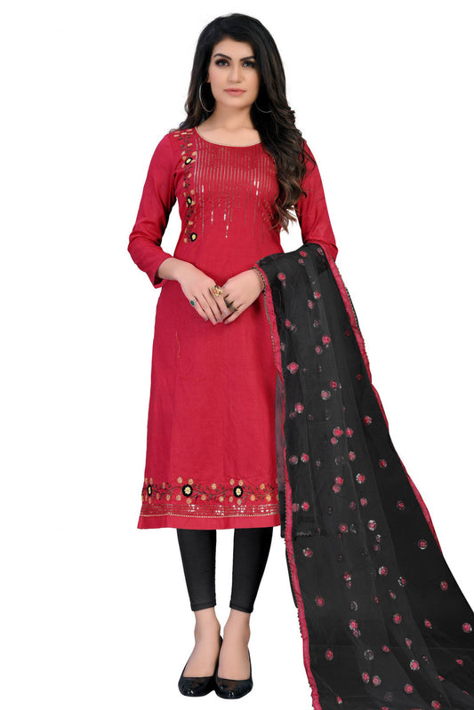 Red Colour Cotton Embroidery Churidar Suit