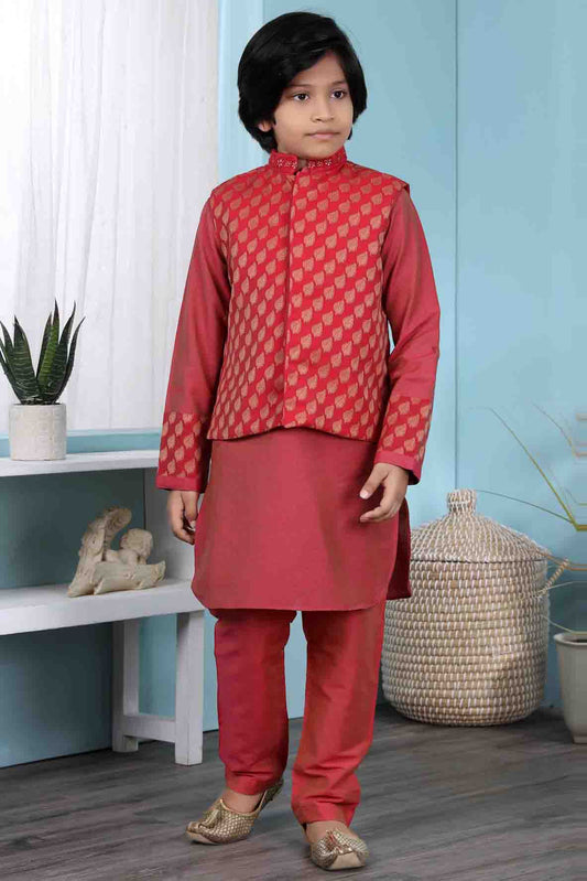 Red Colour Cotton Silk Kurta Pajama With Jacket