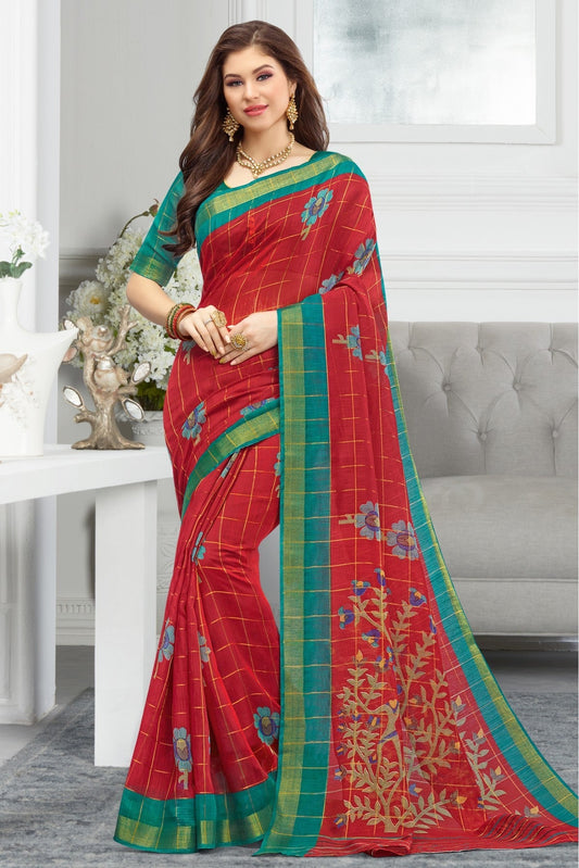 Red Colour Cotton Traditional Saree